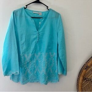 New Tweeds bright blue eyelet detail linen tunic style blouse size large